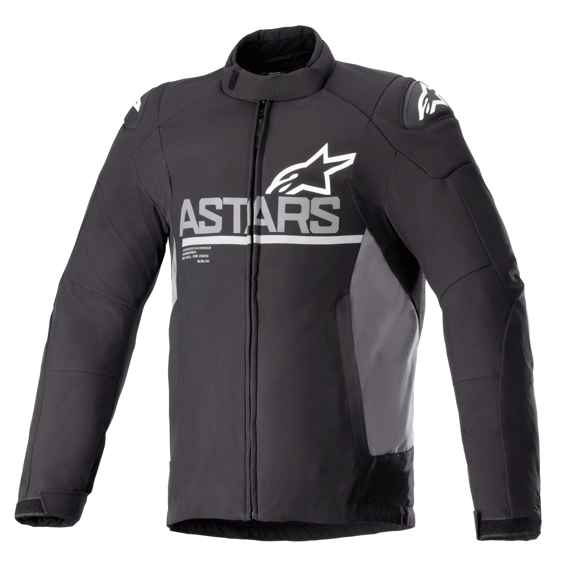 Alpinestars Giacca SMX Waterproof, giacca da moto, nera con pannelli laterali grigio scuro, logo ASTARS bianco sul petto e loghi a stella sulle spalle, costruzione in tessuto e softshell, zip frontale completa, colletto alto e polsini regolabili in velcro