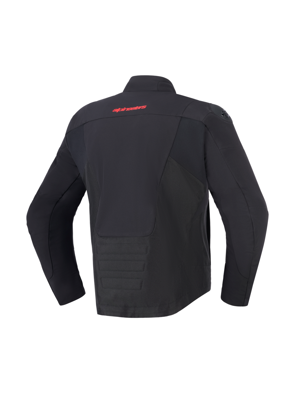 Giacca impermeabile Alpinestars SMX, nera, vista posteriore con logo Alpinestars rosso sulla parte superiore della schiena, orlo posteriore allungato per una maggiore copertura, pannelli in tessuto e softshell, abbigliamento protettivo da moto per guida su strada e sportiva