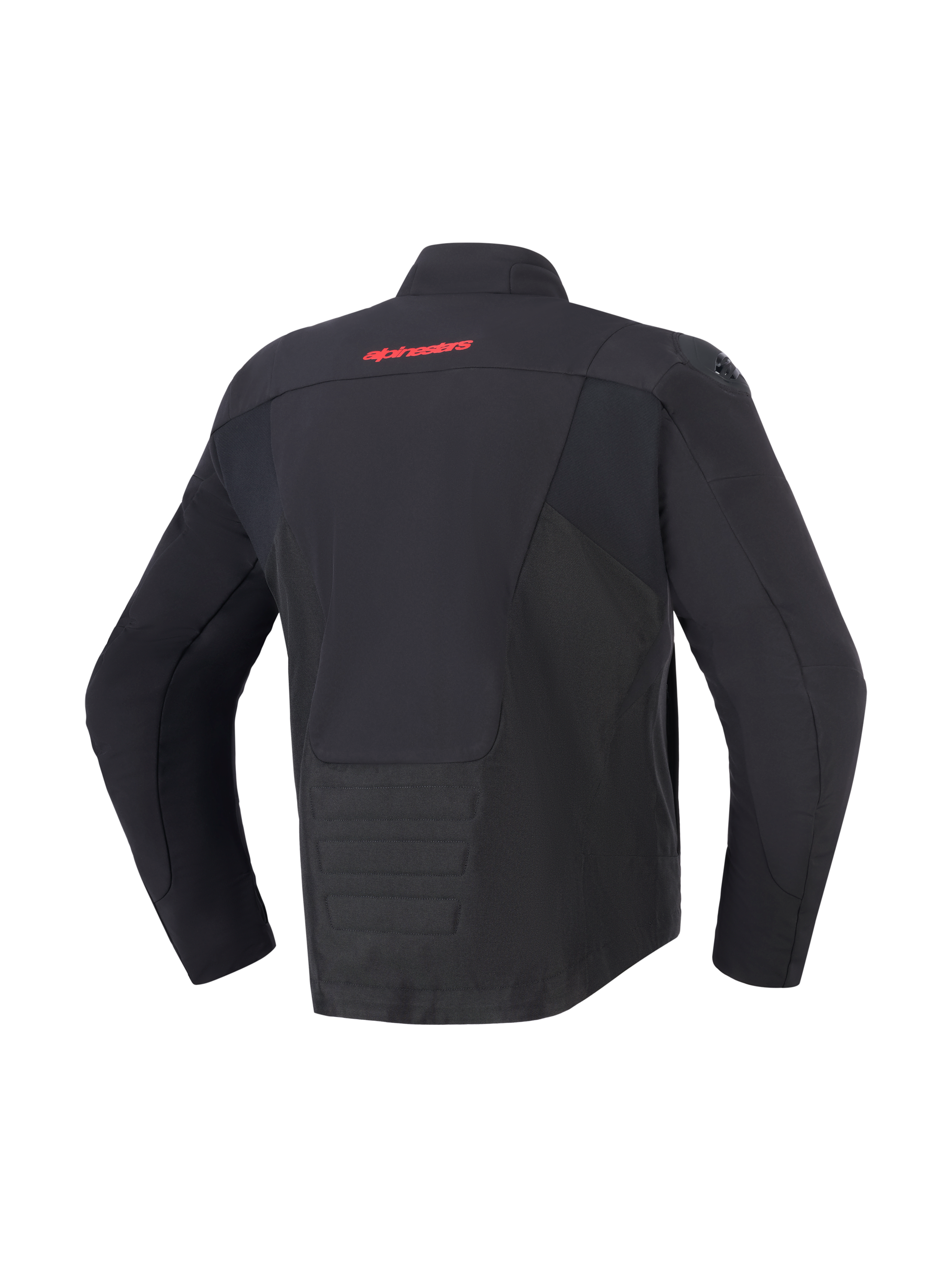 Giacca impermeabile Alpinestars SMX, nera, vista posteriore con logo Alpinestars rosso sulla parte superiore della schiena, orlo posteriore allungato per una maggiore copertura, pannelli in tessuto e softshell, abbigliamento protettivo da moto per guida su strada e sportiva