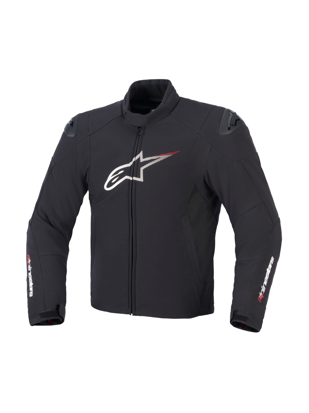 Giacca Alpinestars SMX Waterproof in nero, bianco e rosso acceso, vista frontale che mostra la costruzione in tessuto, grande logo Astar bianco sul petto con linee di velocità rosse, slider esterni DFS Lite sulle spalle e marchio Alpinestars sulle maniche.