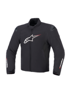 Giacca Alpinestars SMX Waterproof in nero, bianco e rosso acceso, vista frontale che mostra la costruzione in tessuto, grande logo Astar bianco sul petto con linee di velocità rosse, slider esterni DFS Lite sulle spalle e marchio Alpinestars sulle maniche.