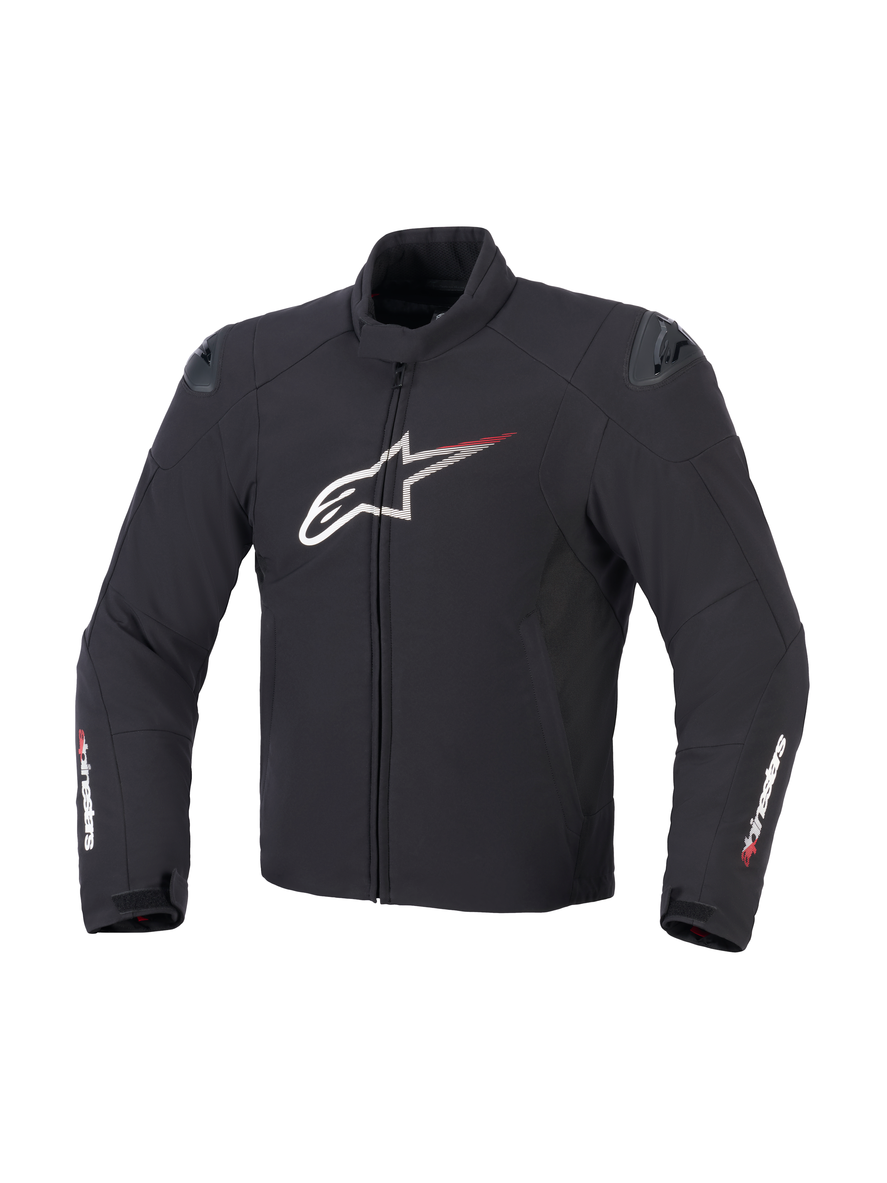 Giacca Alpinestars SMX Waterproof in nero, bianco e rosso acceso, vista frontale che mostra la costruzione in tessuto, grande logo Astar bianco sul petto con linee di velocità rosse, slider esterni DFS Lite sulle spalle e marchio Alpinestars sulle maniche.