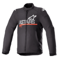 Giacca Alpinestars SMX Waterproof, giacca da moto in tessuto, nera con grigio scuro e rosso acceso, con marchio ASTARS e logo a stella sul petto, striscia rossa orizzontale, loghi bianchi sulle spalle, colletto alto e cerniera frontale, design sportivo protettivo e resistente alle intemperie