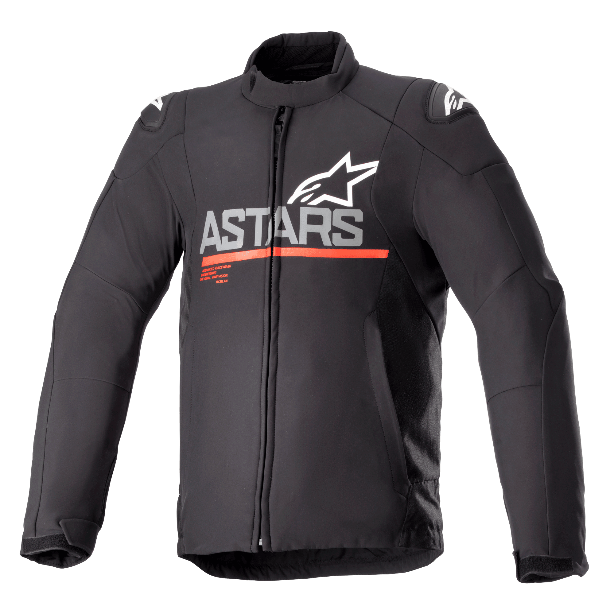 Giacca Alpinestars SMX Waterproof, giacca da moto in tessuto, nera con grigio scuro e rosso acceso, con marchio ASTARS e logo a stella sul petto, striscia rossa orizzontale, loghi bianchi sulle spalle, colletto alto e cerniera frontale, design sportivo protettivo e resistente alle intemperie