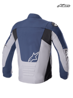 Giacca Alpinestars Giacca SMX Impermeabile, giacca da moto in tessuto da uomo, vista posteriore che mostra la combinazione di colori blu notte, grigio scuro e nero, parte posteriore allungata e logo A-star bianco