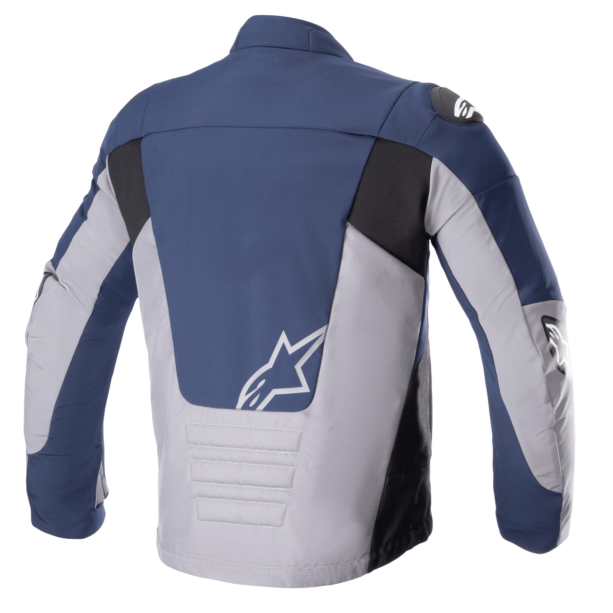Giacca Alpinestars SMX Waterproof, vista posteriore, Night Navy e Dark Gray, con pannelli a blocchi di colore in blu navy e grigio chiaro con accenti neri, logo a stella bianco sulla parte inferiore della schiena e dettagli con cuciture orizzontali imbottite.