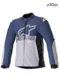 Alpinestars Giacca SMX Impermeabile, giacca da moto sportiva da uomo blu notte e grigio scuro, vista frontale che mostra la costruzione impermeabile e le protezioni per le spalle