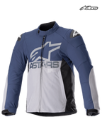 Alpinestars Giacca SMX Impermeabile, giacca da moto sportiva da uomo blu notte e grigio scuro, vista frontale che mostra la costruzione impermeabile e le protezioni per le spalle