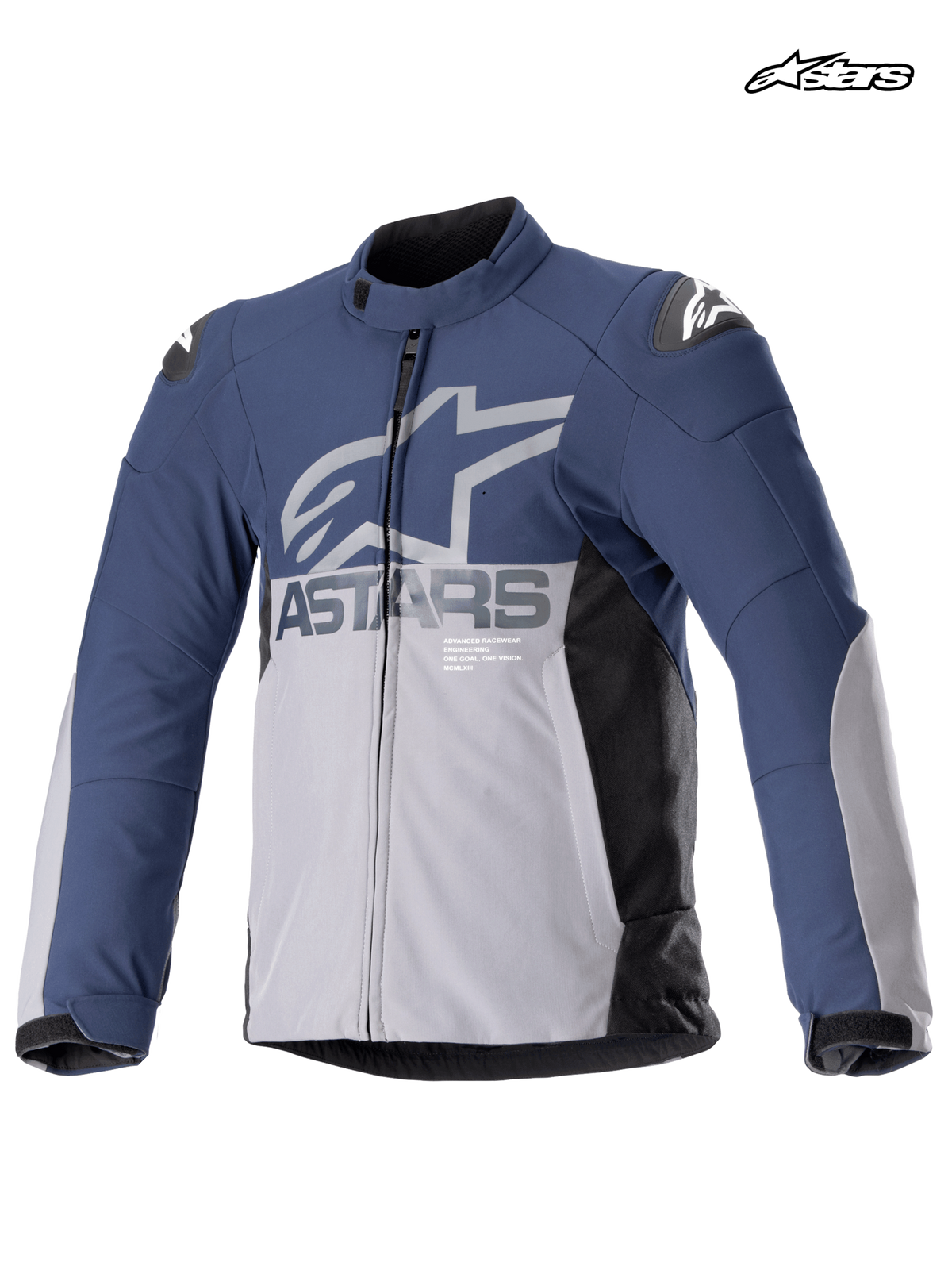 Alpinestars Giacca SMX Impermeabile, giacca da moto sportiva da uomo blu notte e grigio scuro, vista frontale che mostra la costruzione impermeabile e le protezioni per le spalle
