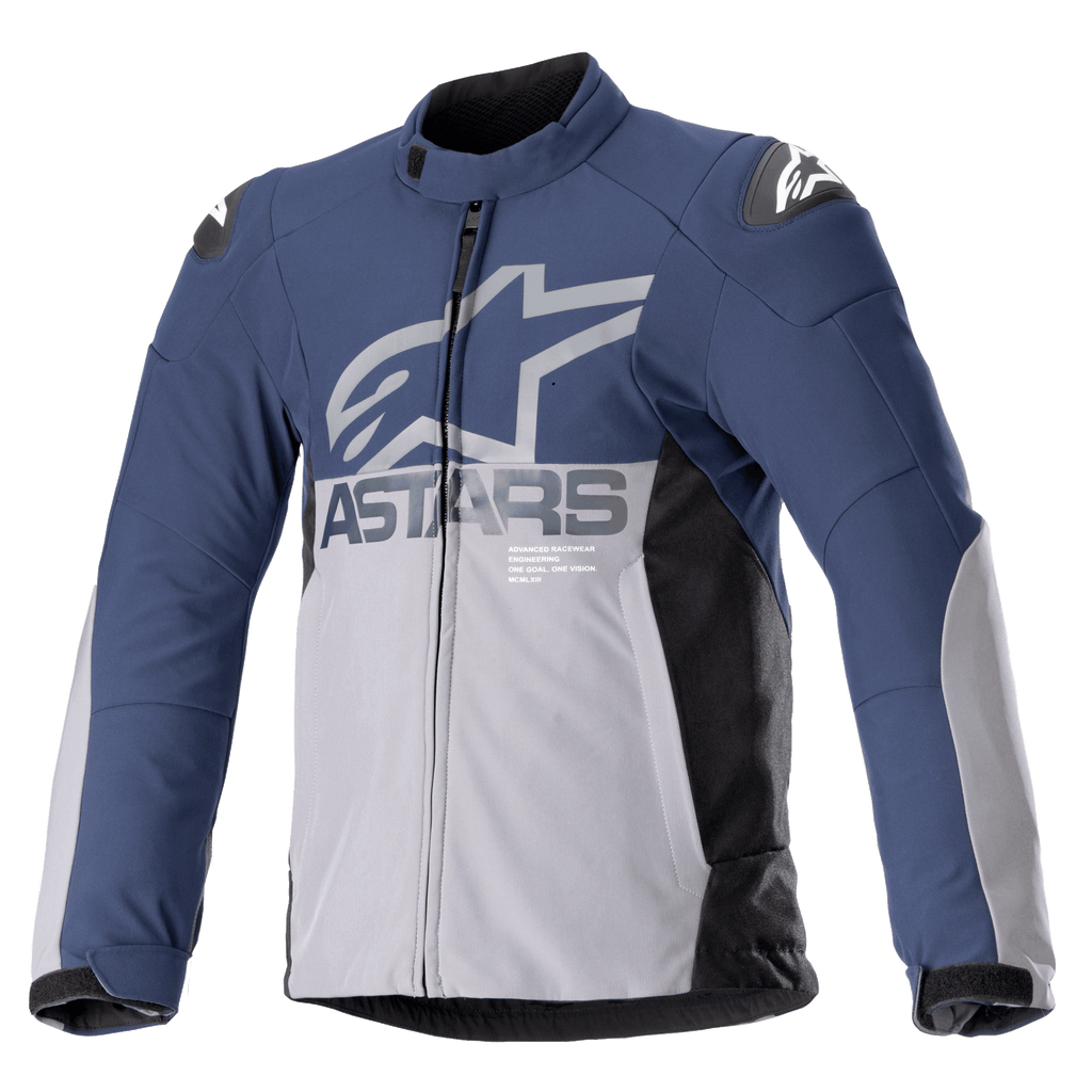 Alpinestars SMX Waterproof Jacket, giacca da moto, blu notte e grigio scuro con pannelli laterali neri, grande logo ASTARS grigio sul petto, loghi stella bianchi sulle spalle, colletto alto, polsini regolabili in velcro, protezioni imbottite, cerniera a tutta lunghezza