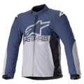 Alpinestars SMX Waterproof Jacket, giacca da moto, blu notte e grigio scuro con pannelli laterali neri, grande logo ASTARS grigio sul petto, loghi stella bianchi sulle spalle, colletto alto, polsini regolabili in velcro, protezioni imbottite, cerniera a tutta lunghezza