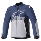 Alpinestars SMX Waterproof Jacket, giacca da moto, blu notte e grigio scuro con pannelli laterali neri, grande logo ASTARS grigio sul petto, loghi stella bianchi sulle spalle, colletto alto, polsini regolabili in velcro, protezioni imbottite, cerniera a tutta lunghezza