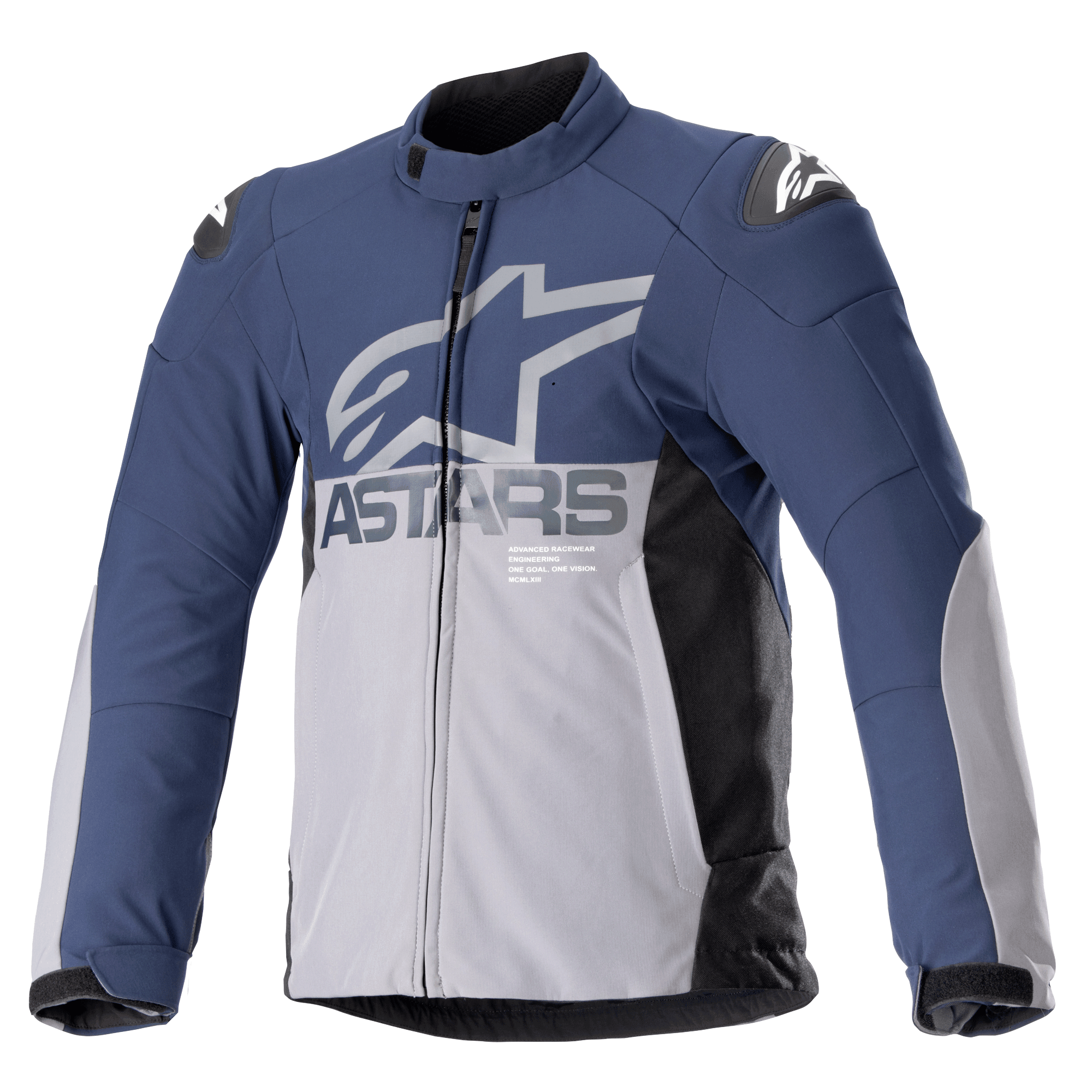 Alpinestars SMX Waterproof Jacket, giacca da moto, blu notte e grigio scuro con pannelli laterali neri, grande logo ASTARS grigio sul petto, loghi stella bianchi sulle spalle, colletto alto, polsini regolabili in velcro, protezioni imbottite, cerniera a tutta lunghezza