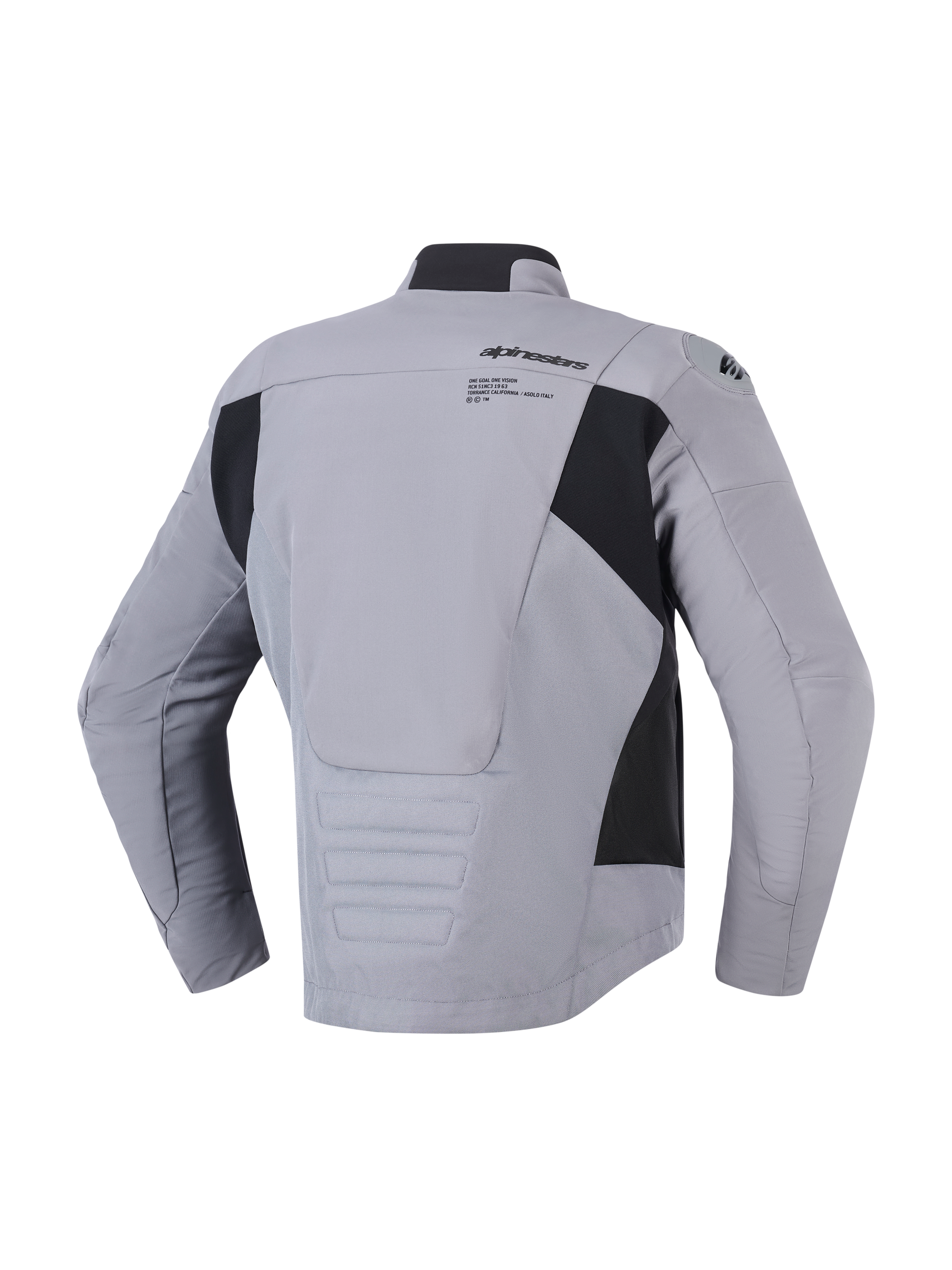 Giacca Alpinestars SMX Waterproof in Dark Gray Black, vista posteriore con costruzione in tessuto e softshell, logo e grafica Alpinestars sulla parte superiore della schiena, pannelli laterali neri e profilo posteriore allungato per la copertura durante la guida, giacca da moto sportiva da strada.