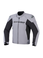 Giacca impermeabile Alpinestars SMX, giacca da moto, grigio scuro e nero, vista frontale con logo Alpinestars sul petto e slider per le spalle DFS Lite, design sportivo in tessuto per la guida su strada