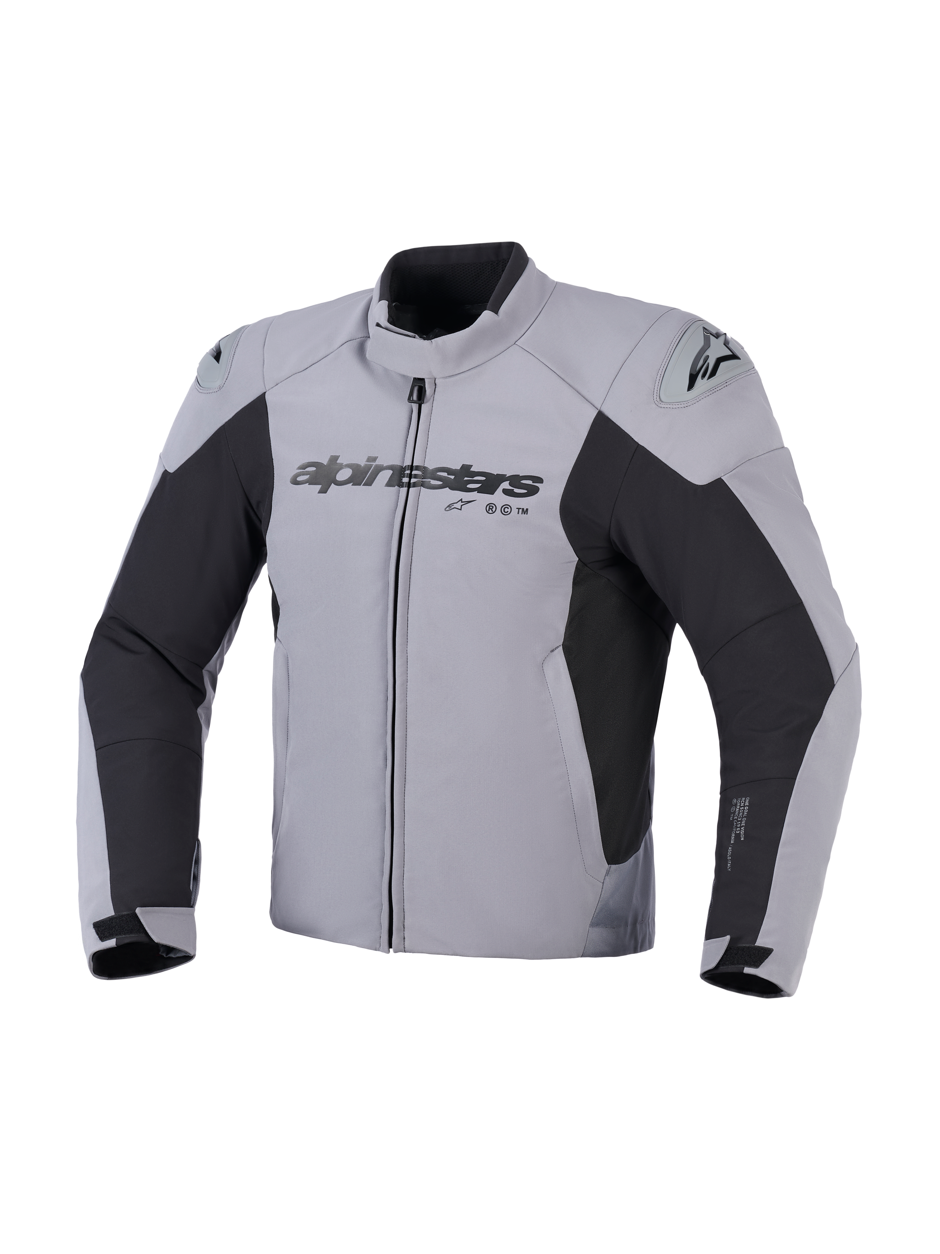 Giacca impermeabile Alpinestars SMX, giacca da moto, grigio scuro e nero, vista frontale con logo Alpinestars sul petto e slider per le spalle DFS Lite, design sportivo in tessuto per la guida su strada