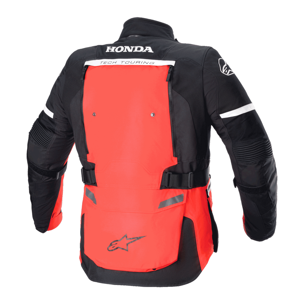 Giacca Alpinestars Honda Bogotá Pro Drystar®, vista posteriore, rosso acceso e nero, giacca da moto Adventure Touring con loghi HONDA e TECH TOURING, ampio pannello posteriore rosso con cinghie regolabili e dettagli riflettenti