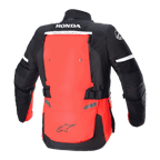 Giacca Alpinestars Honda Bogotá Pro Drystar®, vista posteriore, rosso acceso e nero, giacca da moto Adventure Touring con loghi HONDA e TECH TOURING, ampio pannello posteriore rosso con cinghie regolabili e dettagli riflettenti