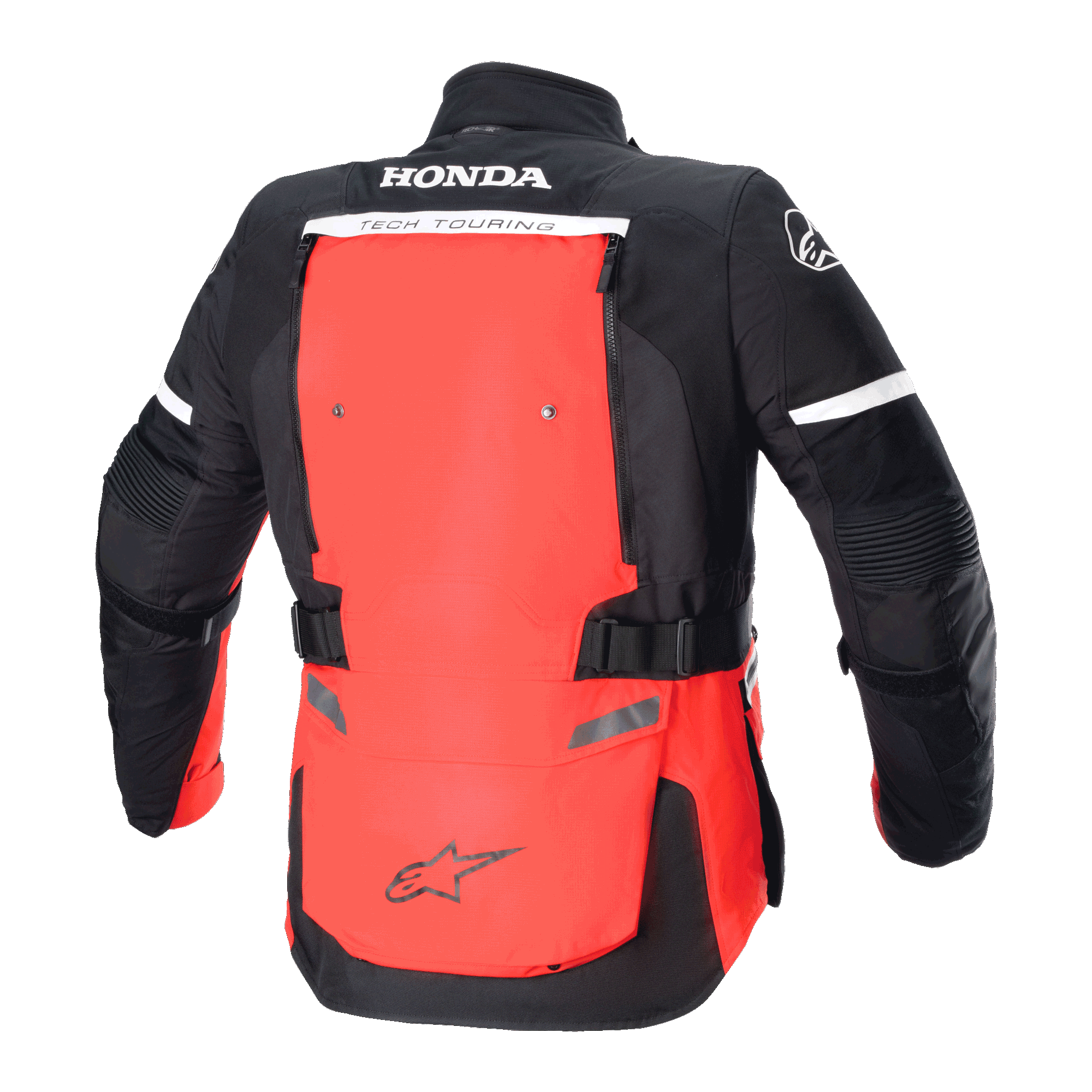 Giacca Alpinestars Honda Bogotá Pro Drystar®, vista posteriore, rosso acceso e nero, giacca da moto Adventure Touring con loghi HONDA e TECH TOURING, ampio pannello posteriore rosso con cinghie regolabili e dettagli riflettenti