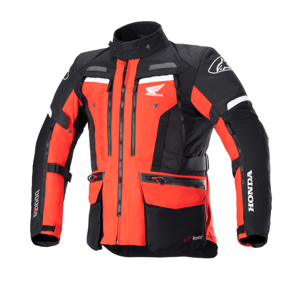 Giacca Alpinestars Honda Bogotá Pro Drystar®, giacca da moto adventure touring, rosso acceso e nero con dettagli bianchi, cerniere multiple, tasche utility, cinghie regolabili e loghi Honda e Alpinestars