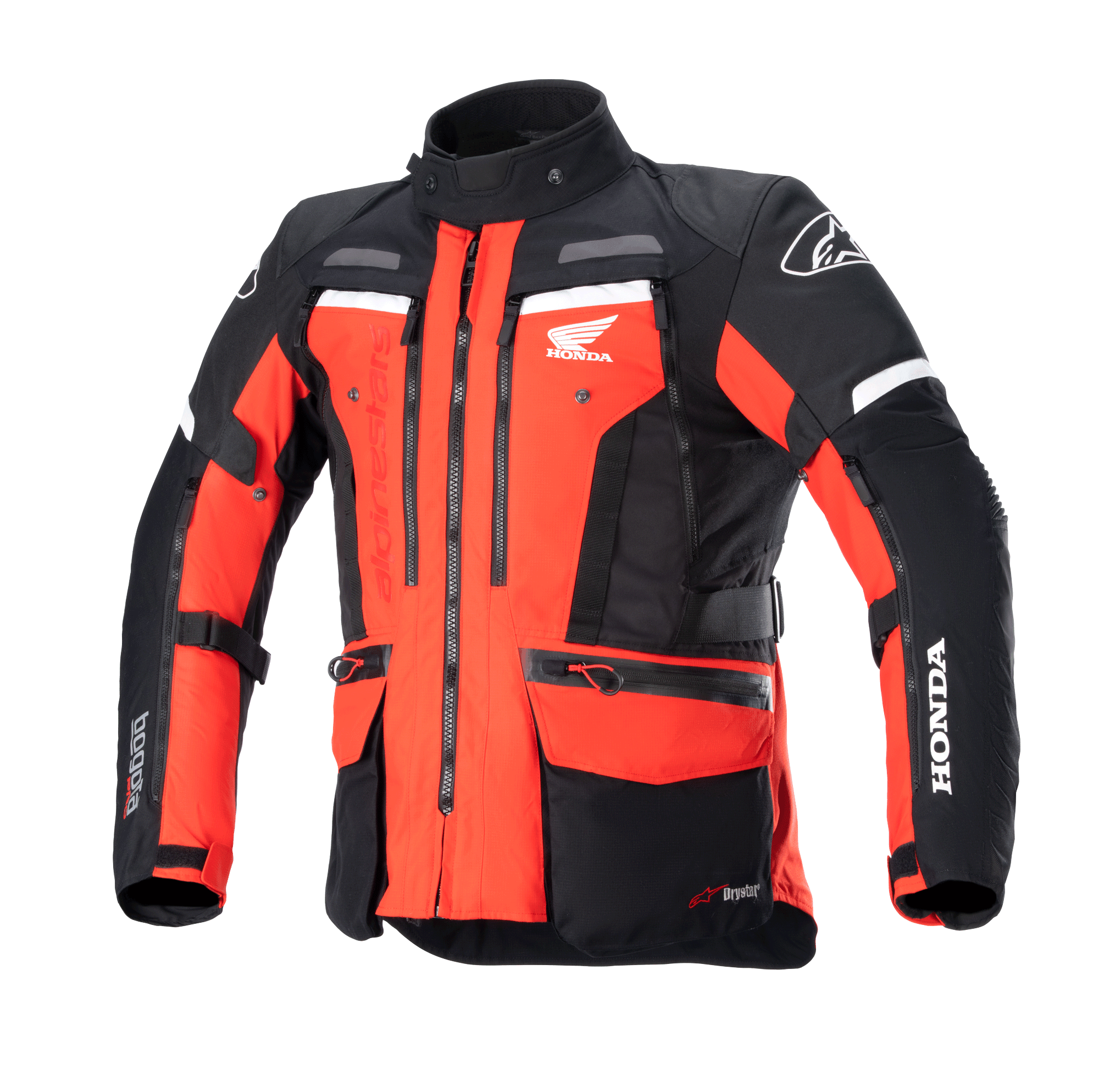 Giacca Alpinestars Honda Bogotá Pro Drystar®, giacca da moto adventure touring, rosso acceso e nero con dettagli bianchi, cerniere multiple, tasche utility, cinghie regolabili e loghi Honda e Alpinestars