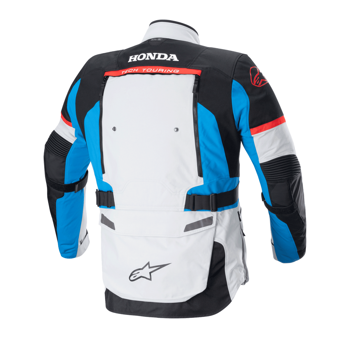 Giacca Alpinestars Honda Bogotá Pro Drystar®, vista posteriore, Ice Gray Blue e Rosso Brillante, giacca tecnica da adventure-touring con loghi Honda e Tech Touring sul retro, pannelli di ventilazione e cinghie regolabili in vita