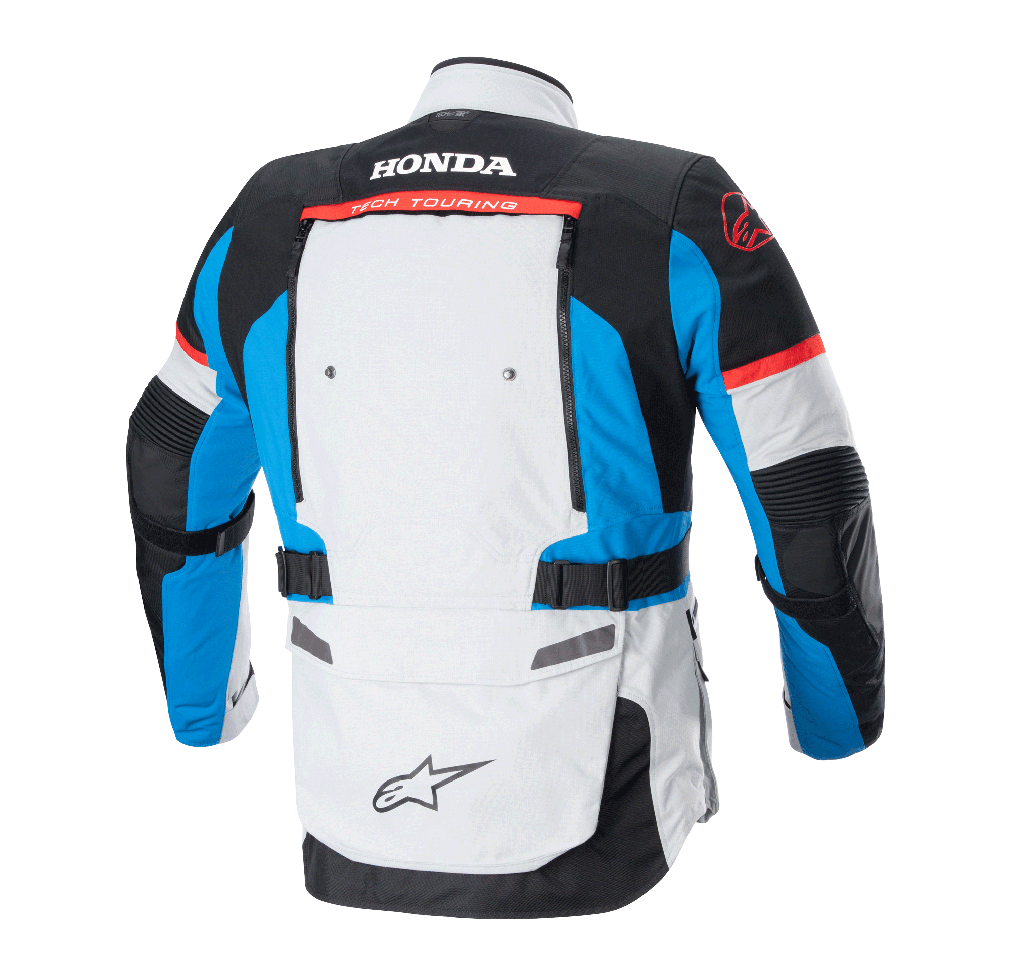 Giacca Alpinestars Honda Bogotá Pro Drystar®, vista posteriore, Ice Gray Blue e Rosso Brillante, giacca tecnica da adventure-touring con loghi Honda e Tech Touring sul retro, pannelli di ventilazione e cinghie regolabili in vita