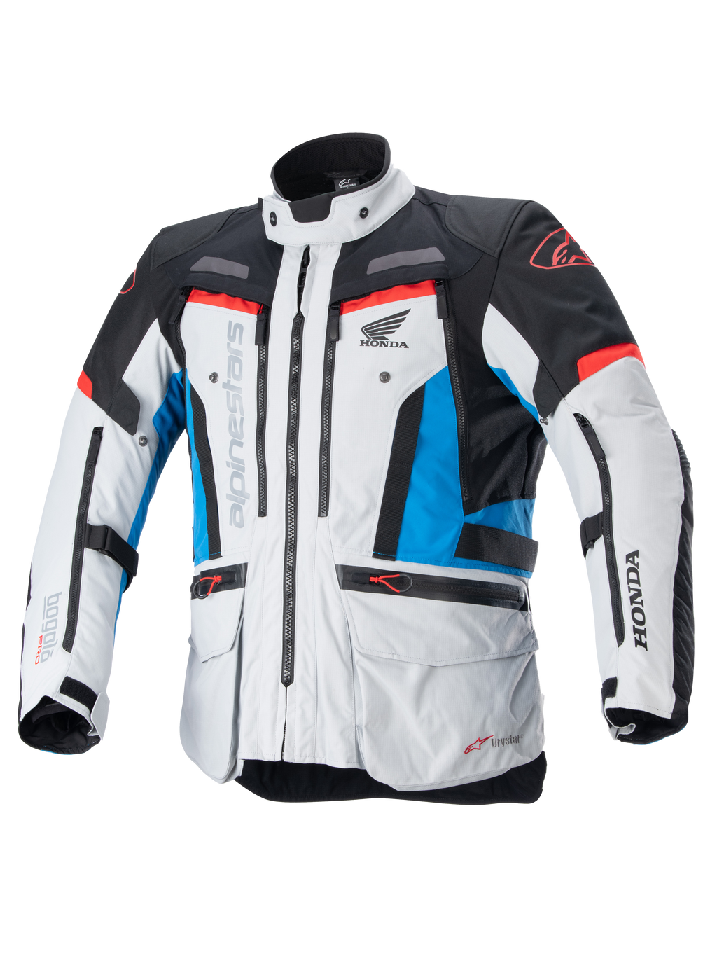 Giacca Alpinestars Honda Bogota' Pro Drystar®, giacca da moto touring, grigio ghiaccio, blu e rosso acceso, design in tessuto tecnico con cerniere e tasche multiple, cinghie regolabili su vita e braccia, con loghi Alpinestars e Honda, protezione touring impermeabile e traspirante per tutte le stagioni