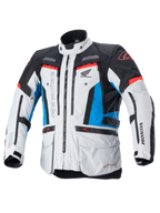 Giacca Alpinestars Honda Bogota' Pro Drystar®, giacca da moto touring, grigio ghiaccio, blu e rosso acceso, design in tessuto tecnico con cerniere e tasche multiple, cinghie regolabili su vita e braccia, con loghi Alpinestars e Honda, protezione touring impermeabile e traspirante per tutte le stagioni