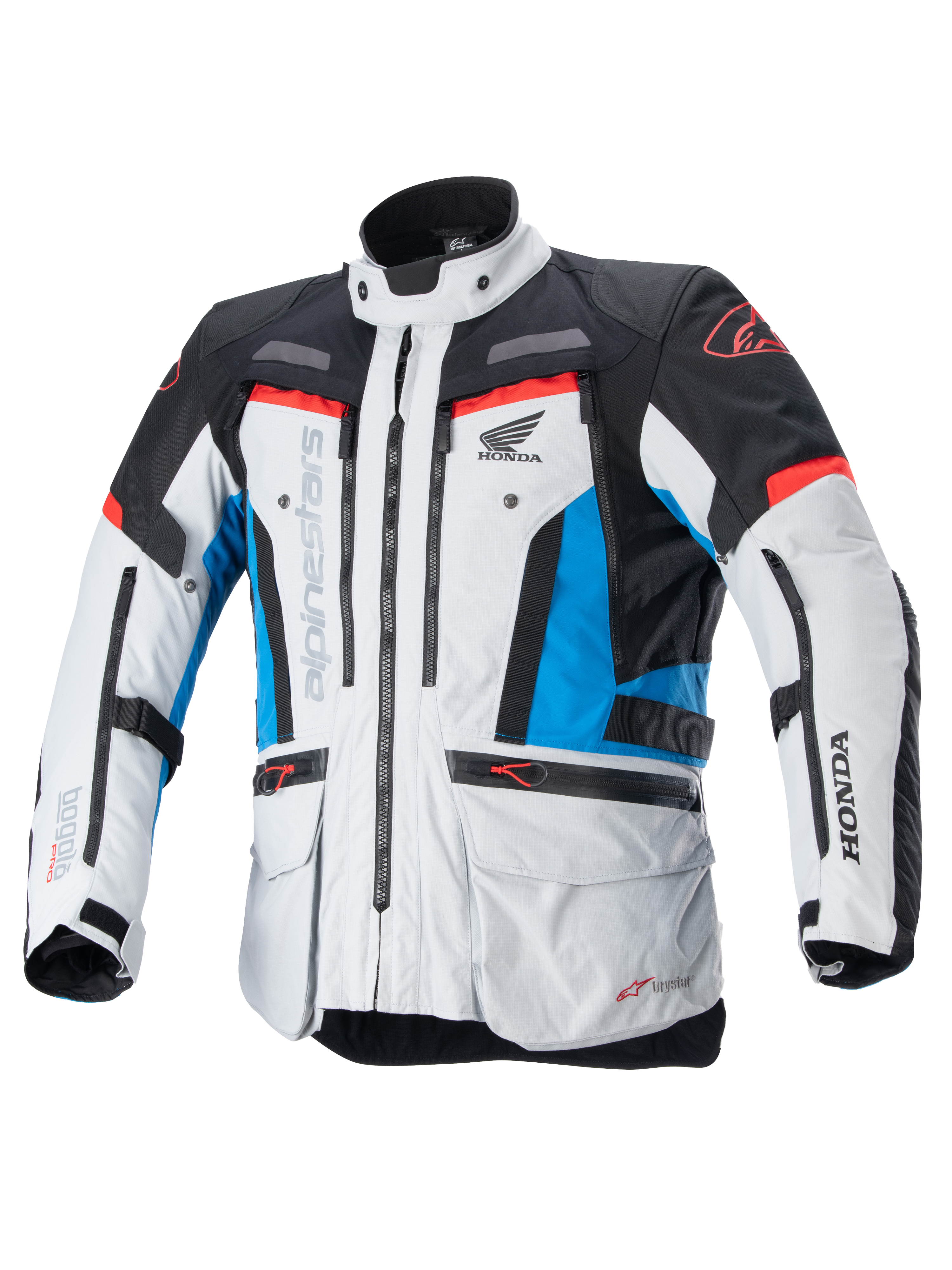 Giacca Alpinestars Honda Bogota' Pro Drystar®, giacca da moto touring, grigio ghiaccio, blu e rosso acceso, design in tessuto tecnico con cerniere e tasche multiple, cinghie regolabili su vita e braccia, con loghi Alpinestars e Honda, protezione touring impermeabile e traspirante per tutte le stagioni