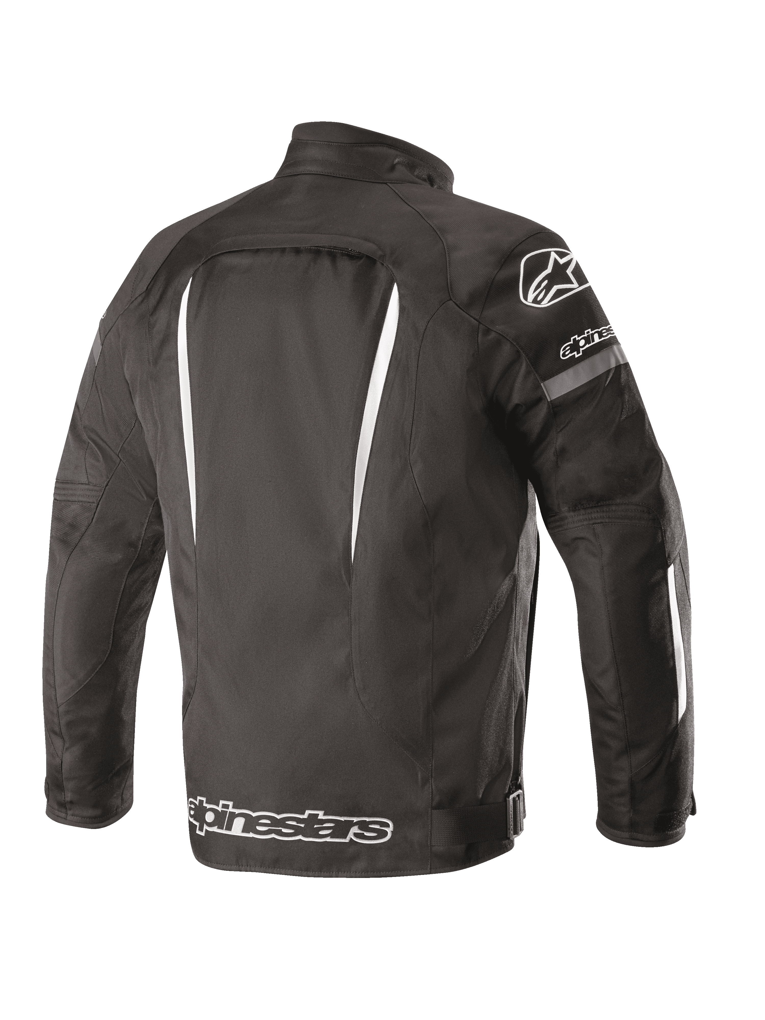 Giacca Impermeabile Alpinestars Gunner V2, vista posteriore, nero e bianco, costruzione in tessuto con accenti bianchi verticali, grande logo Alpinestars sulla parte inferiore della schiena e logo A-star sulla spalla, abbigliamento per guida urbana