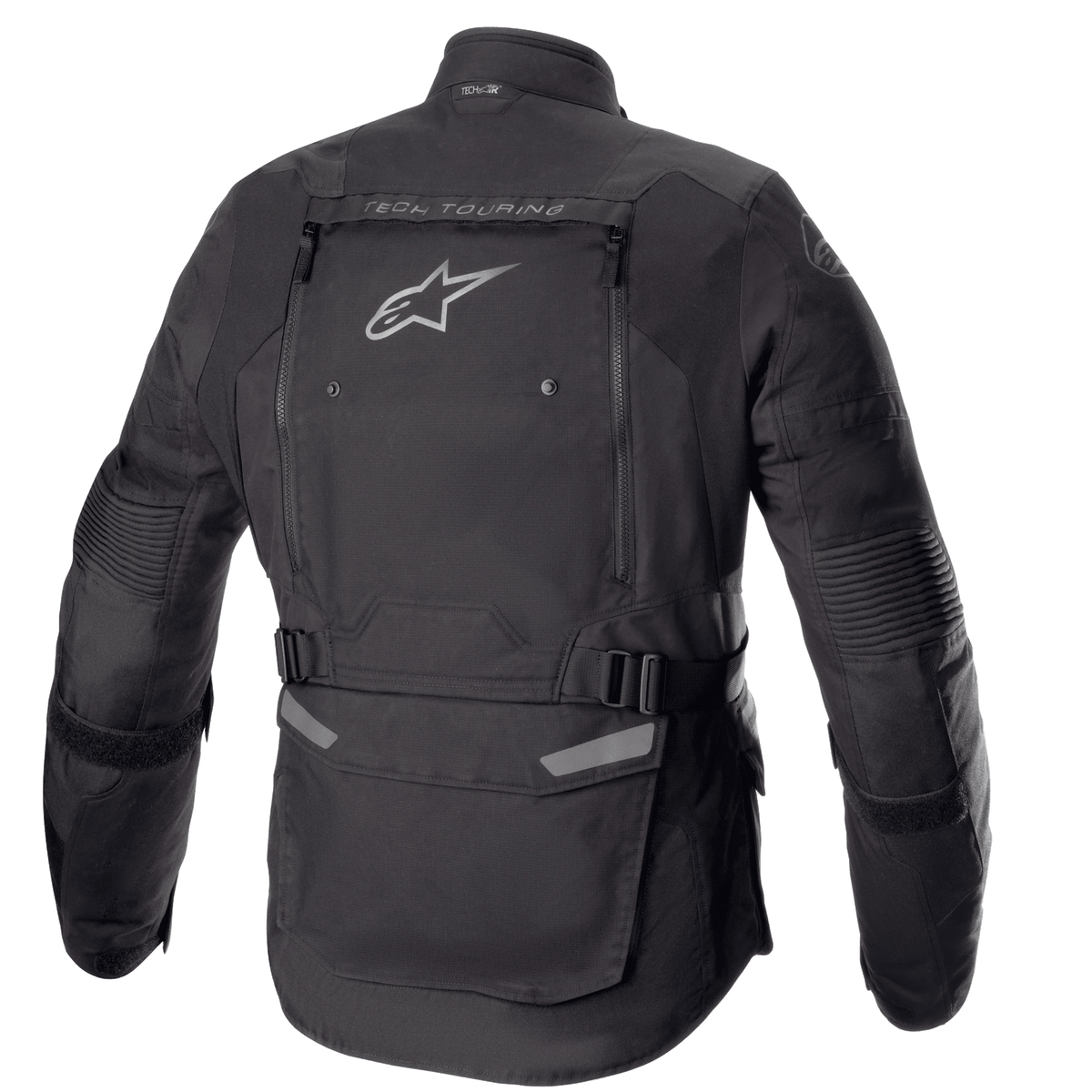 Giacca Alpinestars Bogotá Pro Drystar®, vista posteriore, nero, giacca da moto in tessuto con un ampio pannello di ventilazione posteriore, logo Alpinestars, marchio 'TECH TOURING', cinghie regolabili in vita e pannelli a fisarmonica sui gomiti.
