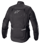 Giacca Alpinestars Bogotá Pro Drystar®, vista posteriore, nero, giacca da moto in tessuto con un ampio pannello di ventilazione posteriore, logo Alpinestars, marchio 'TECH TOURING', cinghie regolabili in vita e pannelli a fisarmonica sui gomiti.