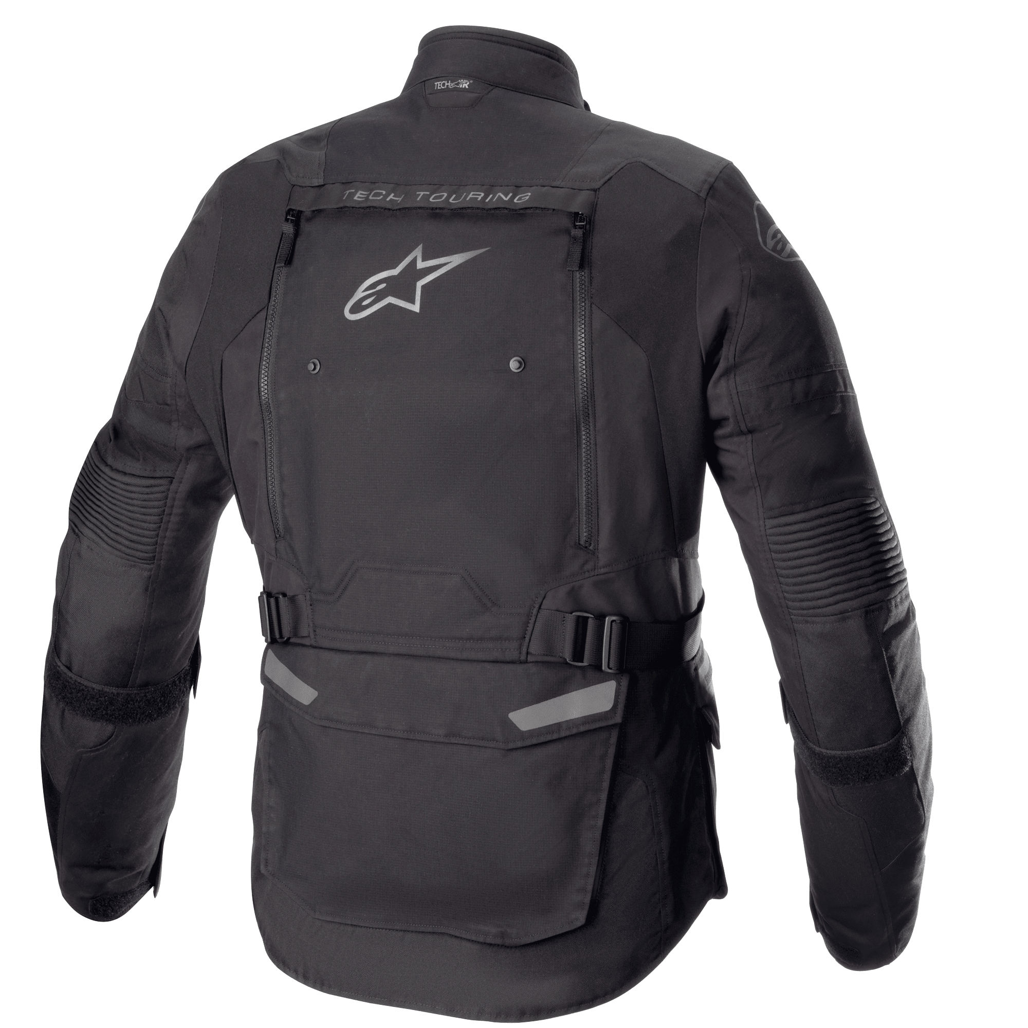 Giacca Alpinestars Bogotá Pro Drystar®, vista posteriore, nero, giacca da moto in tessuto con un ampio pannello di ventilazione posteriore, logo Alpinestars, marchio 'TECH TOURING', cinghie regolabili in vita e pannelli a fisarmonica sui gomiti.