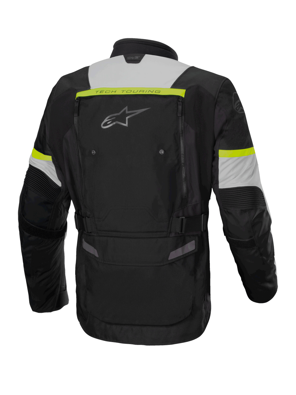 Alpinestars Giacca Bogotá Pro Drystar®, giacca da moto adventure touring da uomo, nero e giallo fluo, in tessuto impermeabile, vista posteriore.