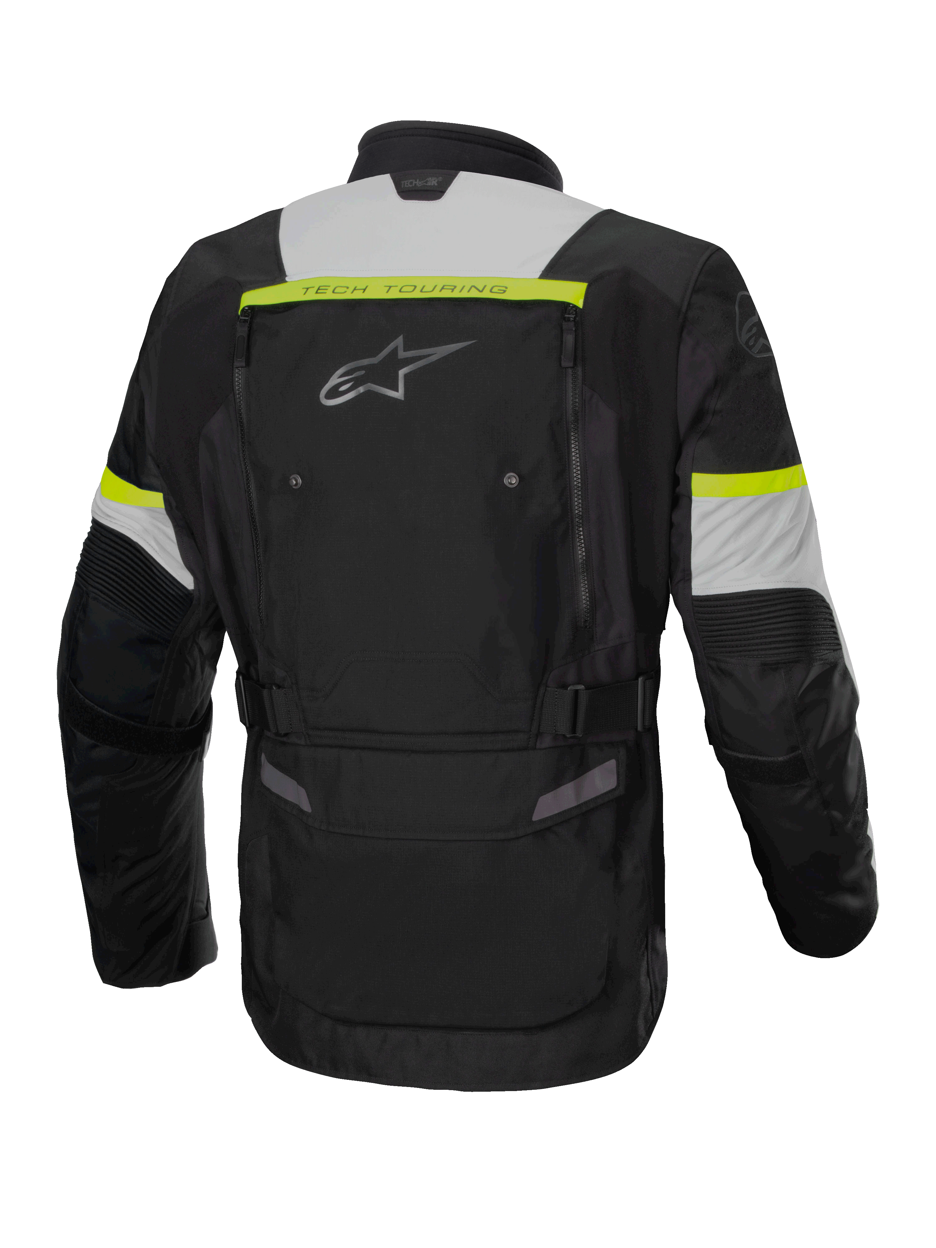 Alpinestars Giacca Bogotá Pro Drystar®, giacca da moto adventure touring da uomo, nero e giallo fluo, in tessuto impermeabile, vista posteriore.