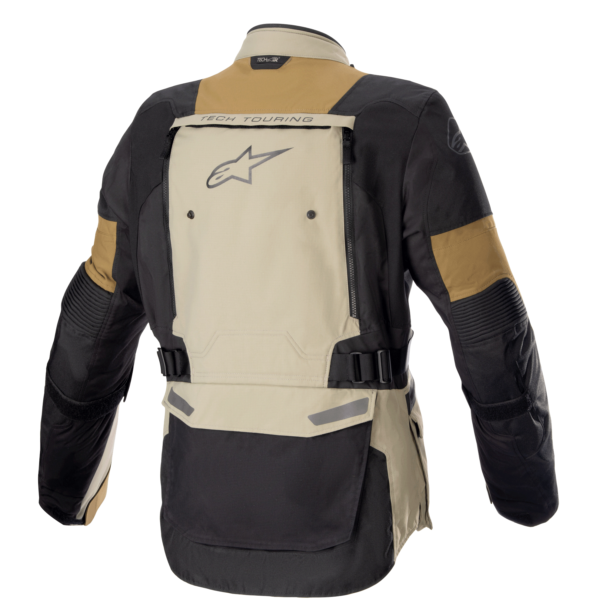 Giacca Alpinestars Bogota' Pro Drystar®, giacca da moto adventure, Vetiver Military Olive e nero, vista posteriore con ampio pannello di ventilazione sulla schiena, marchio "TECH TOURING" e logo Alpinestars, cinghie regolabili in vita, costruzione in tessuto resistente per il touring in tutte le stagioni