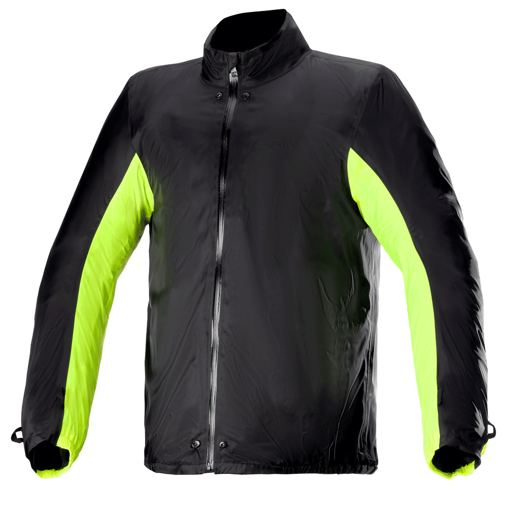 Alpinestars Bogotá Pro Drystar® Jacket Rain Cover, fodera impermeabile per giacca da moto, nero con pannelli laterali e sulle braccia in giallo fluo, cerniera anteriore integrale con bottoni a pressione su collo e vita, accessorio tecnico per la guida in ogni condizione meteo