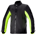Alpinestars Bogotá Pro Drystar® Jacket Rain Cover, fodera impermeabile per giacca da moto, nero con pannelli laterali e sulle braccia in giallo fluo, cerniera anteriore integrale con bottoni a pressione su collo e vita, accessorio tecnico per la guida in ogni condizione meteo
