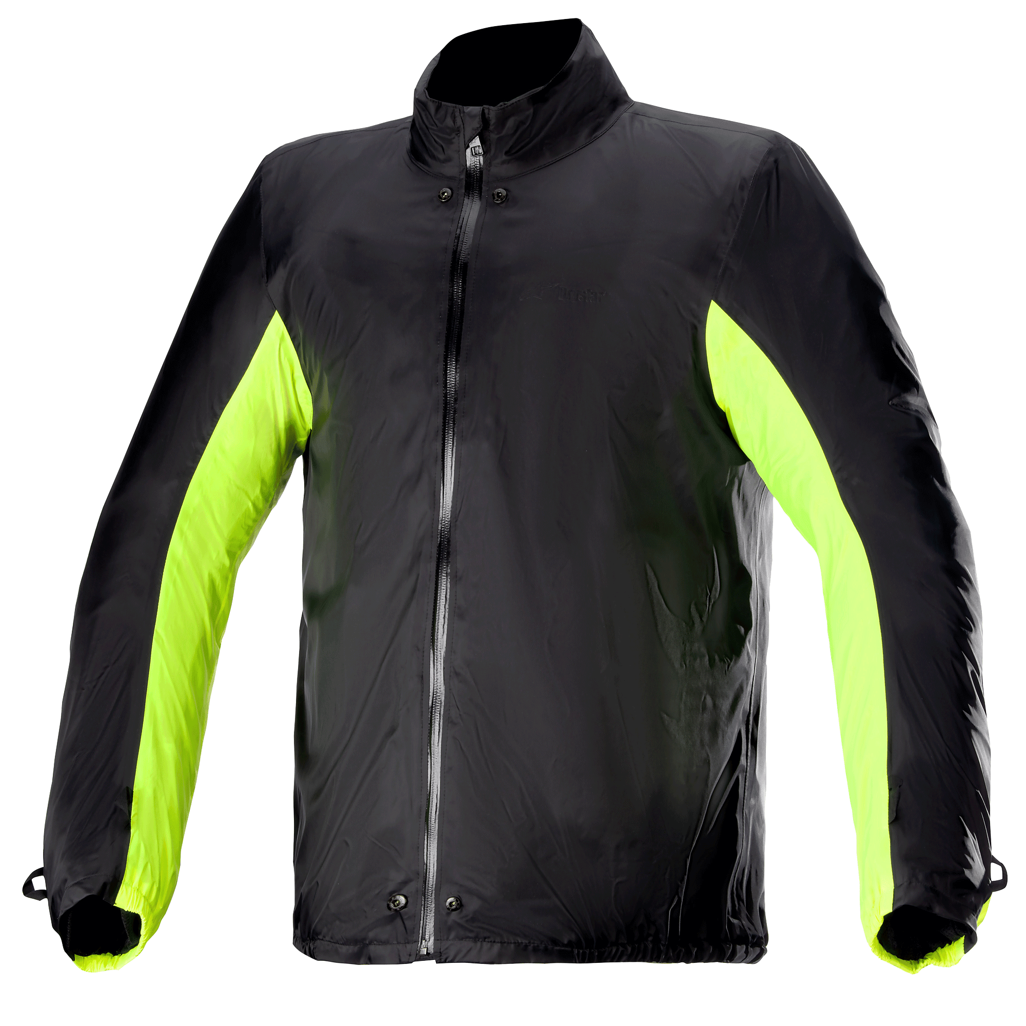 Alpinestars Bogotá Pro Drystar® Jacket Rain Cover, fodera impermeabile per giacca da moto, nero con pannelli laterali e sulle braccia in giallo fluo, cerniera anteriore integrale con bottoni a pressione su collo e vita, accessorio tecnico per la guida in ogni condizione meteo