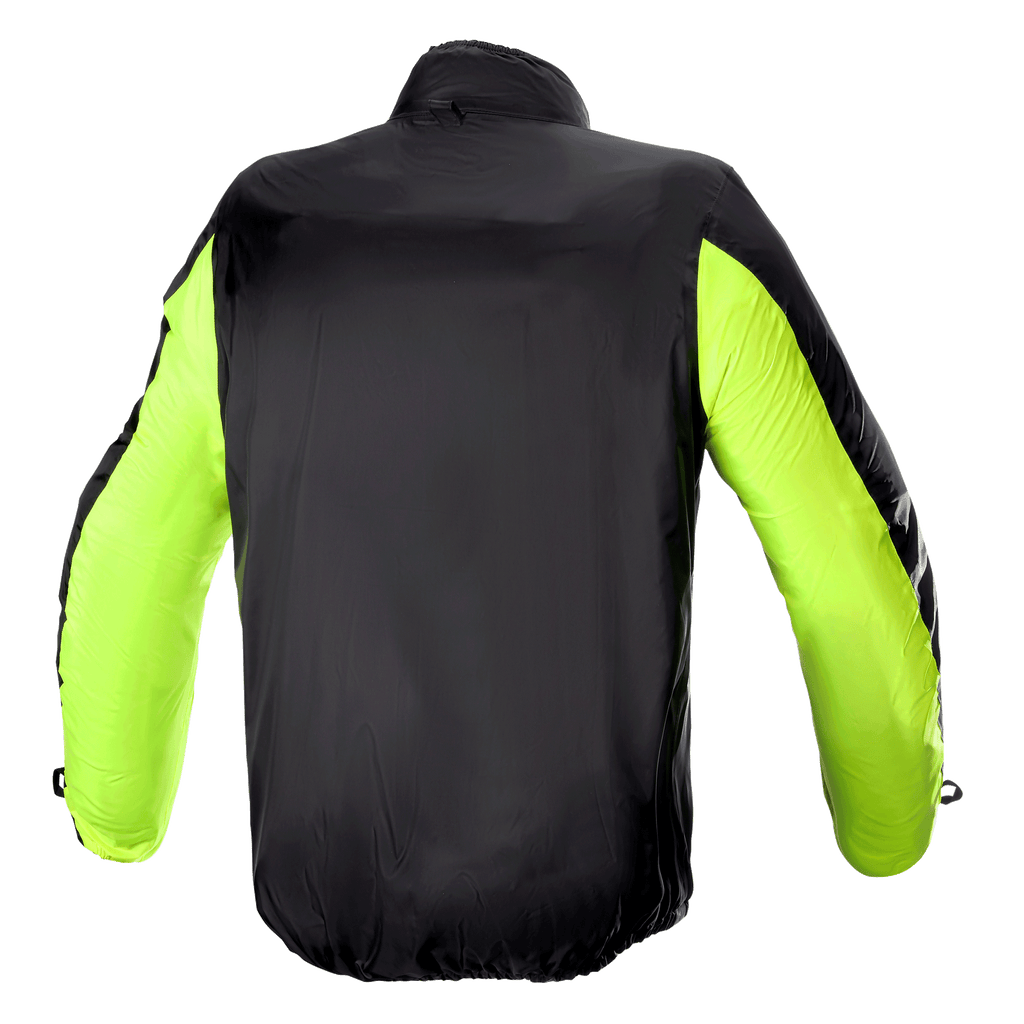 Copertura antipioggia Alpinestars Bogota' Pro Drystar® Jacket, vista posteriore, nero con maniche giallo fluorescente, costruzione impermeabile leggera per un'elevata visibilità e protezione dalle intemperie