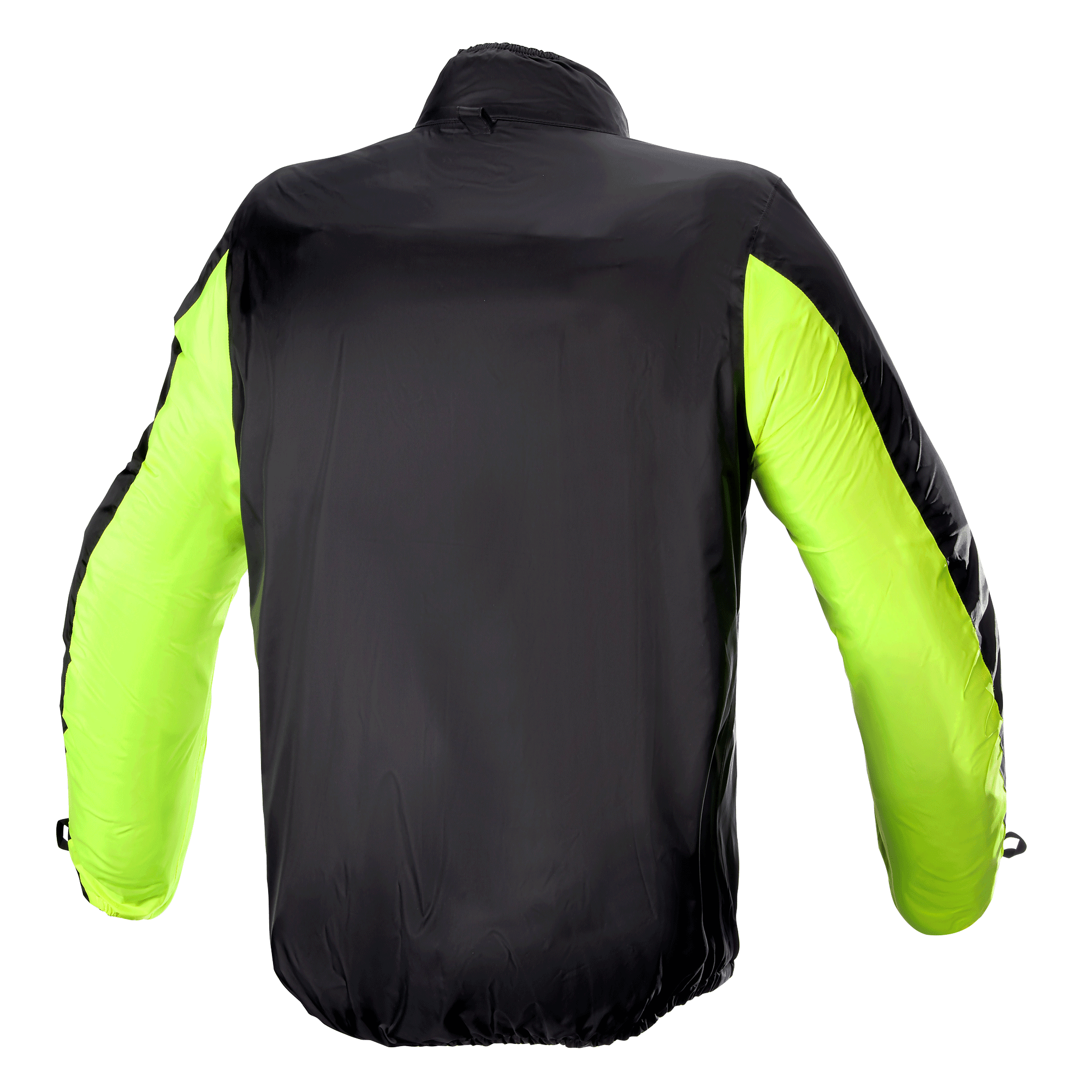 Copertura antipioggia Alpinestars Bogota' Pro Drystar® Jacket, vista posteriore, nero con maniche giallo fluorescente, costruzione impermeabile leggera per un'elevata visibilità e protezione dalle intemperie