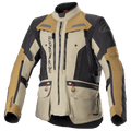 Giacca Alpinestars Bogota Pro Drystar, giacca da moto adventure touring, beige, nero e marrone, costruzione in tessuto impermeabile, tasche multiple con linguette rosse, aree protettive rinforzate e design a collo alto