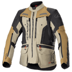 Giacca Alpinestars Bogota Pro Drystar, giacca da moto adventure touring, beige, nero e marrone, costruzione in tessuto impermeabile, tasche multiple con linguette rosse, aree protettive rinforzate e design a collo alto