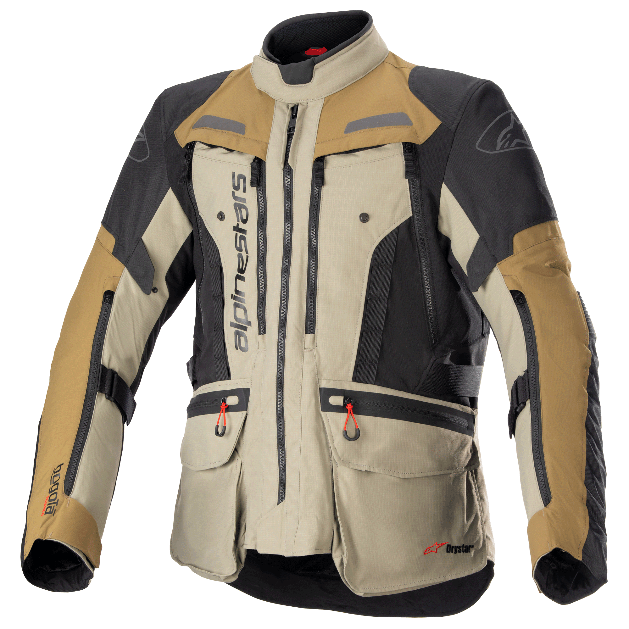 Giacca Alpinestars Bogota Pro Drystar, giacca da moto adventure touring, beige, nero e marrone, costruzione in tessuto impermeabile, tasche multiple con linguette rosse, aree protettive rinforzate e design a collo alto