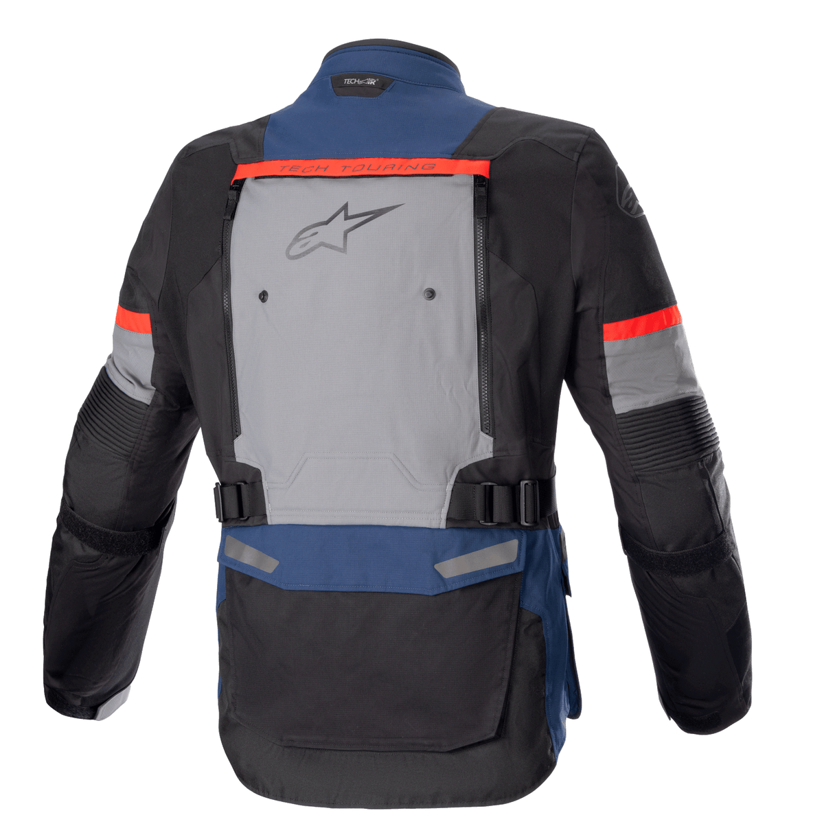Giacca Alpinestars Bogotá Pro Drystar®, giacca da moto adventure touring, blu scuro, nero e rosso acceso, vista posteriore con ampio pannello di ventilazione grigio e logo Alpinestars, dettagli rossi 'Tech Touring' e cinghie regolabili in vita