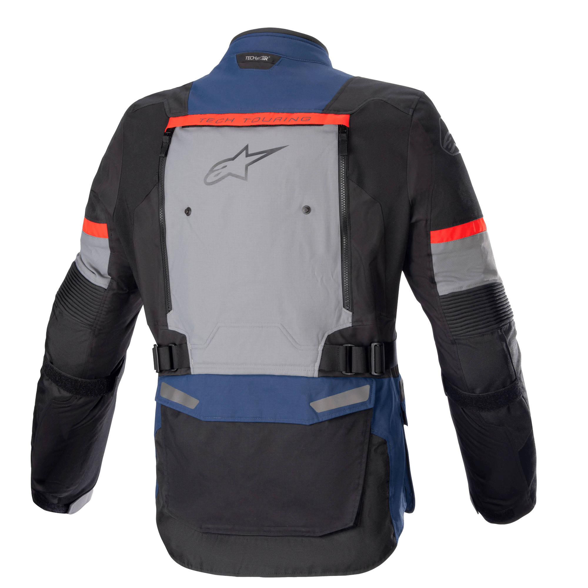 Giacca Alpinestars Bogotá Pro Drystar®, giacca da moto adventure touring, blu scuro, nero e rosso acceso, vista posteriore con ampio pannello di ventilazione grigio e logo Alpinestars, dettagli rossi 'Tech Touring' e cinghie regolabili in vita