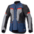 Giacca Alpinestars Bogota Pro Drystar, giacca da moto adventure touring, blu scuro e nero con pannelli grigi sul petto e dettagli rosso acceso, caratterizzata da costruzione in tessuto impermeabile, cerniere di ventilazione multiple e tasche utility.