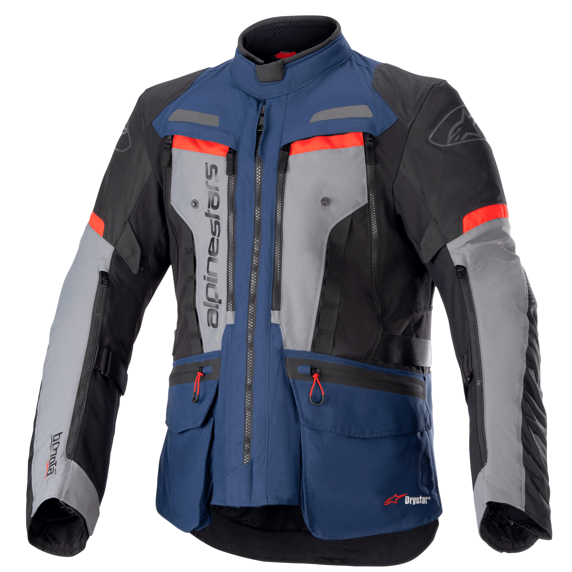 Giacca Alpinestars Bogota Pro Drystar, giacca da moto adventure touring, blu scuro e nero con pannelli grigi sul petto e dettagli rosso acceso, caratterizzata da costruzione in tessuto impermeabile, cerniere di ventilazione multiple e tasche utility.