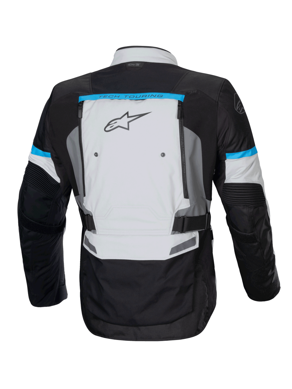 Alpinestars Giacca Bogotá Pro Drystar, giacca da moto adventure touring, grigio ghiaccio e nero con dettagli ciano, vista posteriore con pannelli di ventilazione.